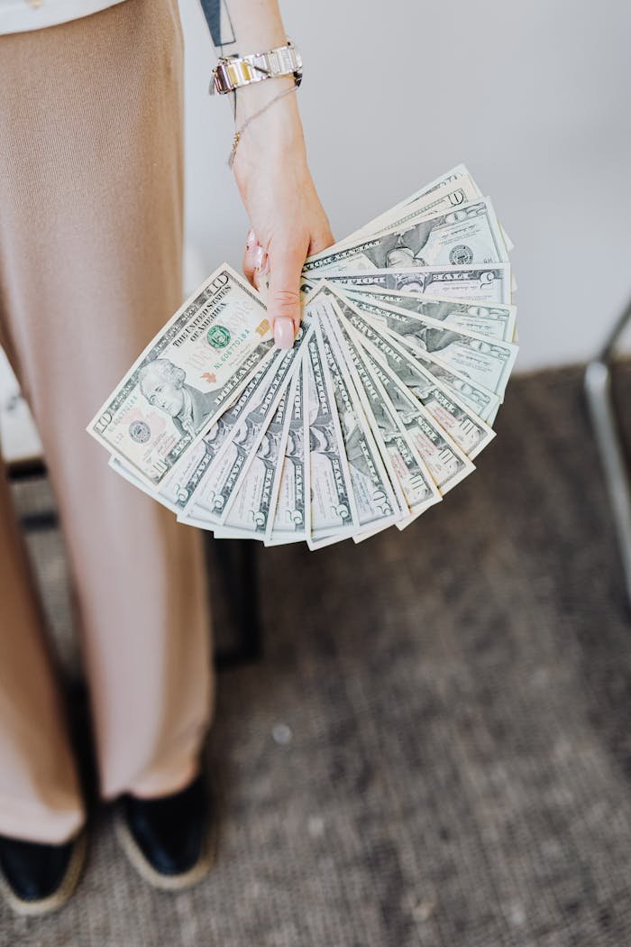 A person holds fanned US dollar bills, symbolizing wealth and finance.